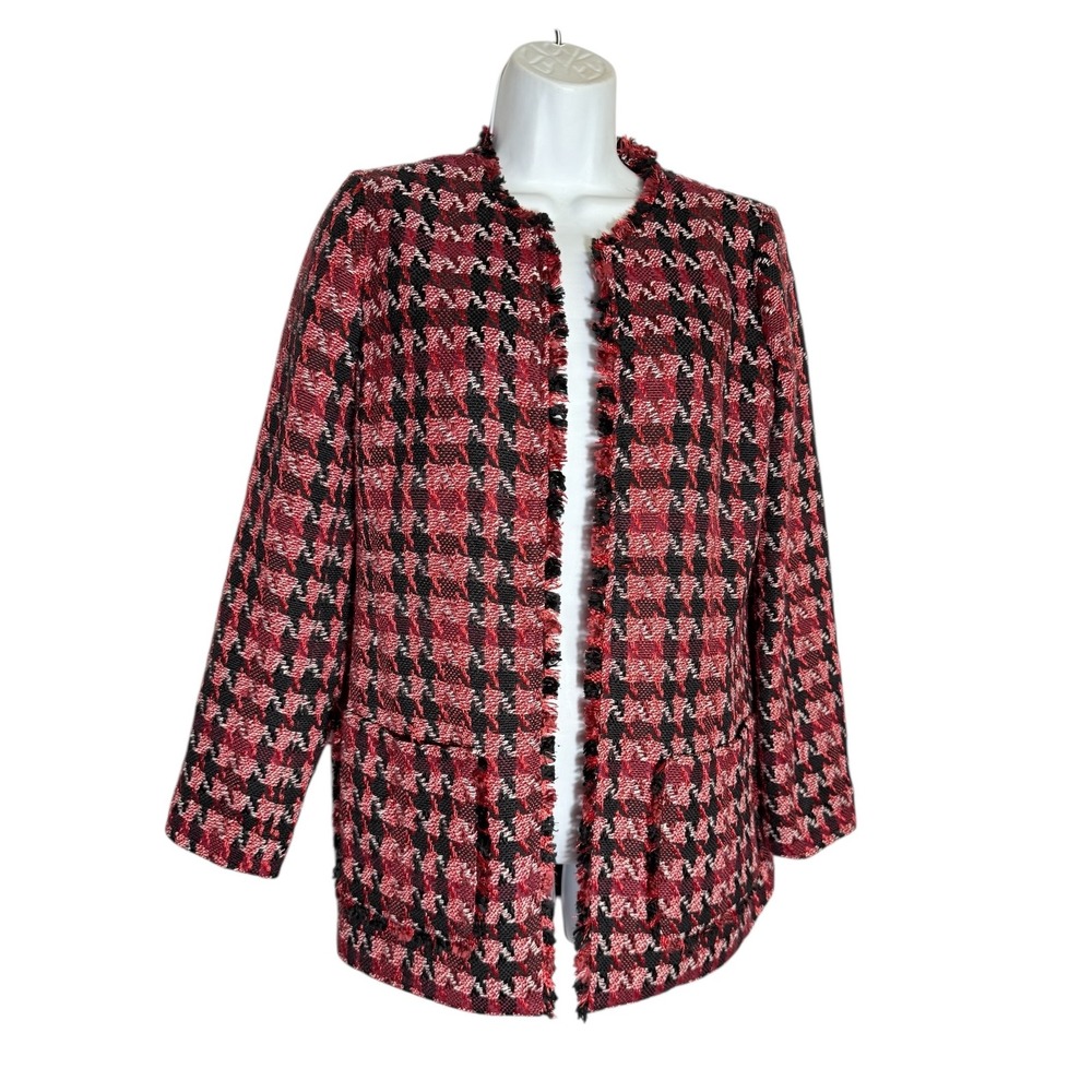 Chico's Blazer Size XS Tweed Houndstooth Fringed Edge Red Black Jacket ❤️🖤❤️